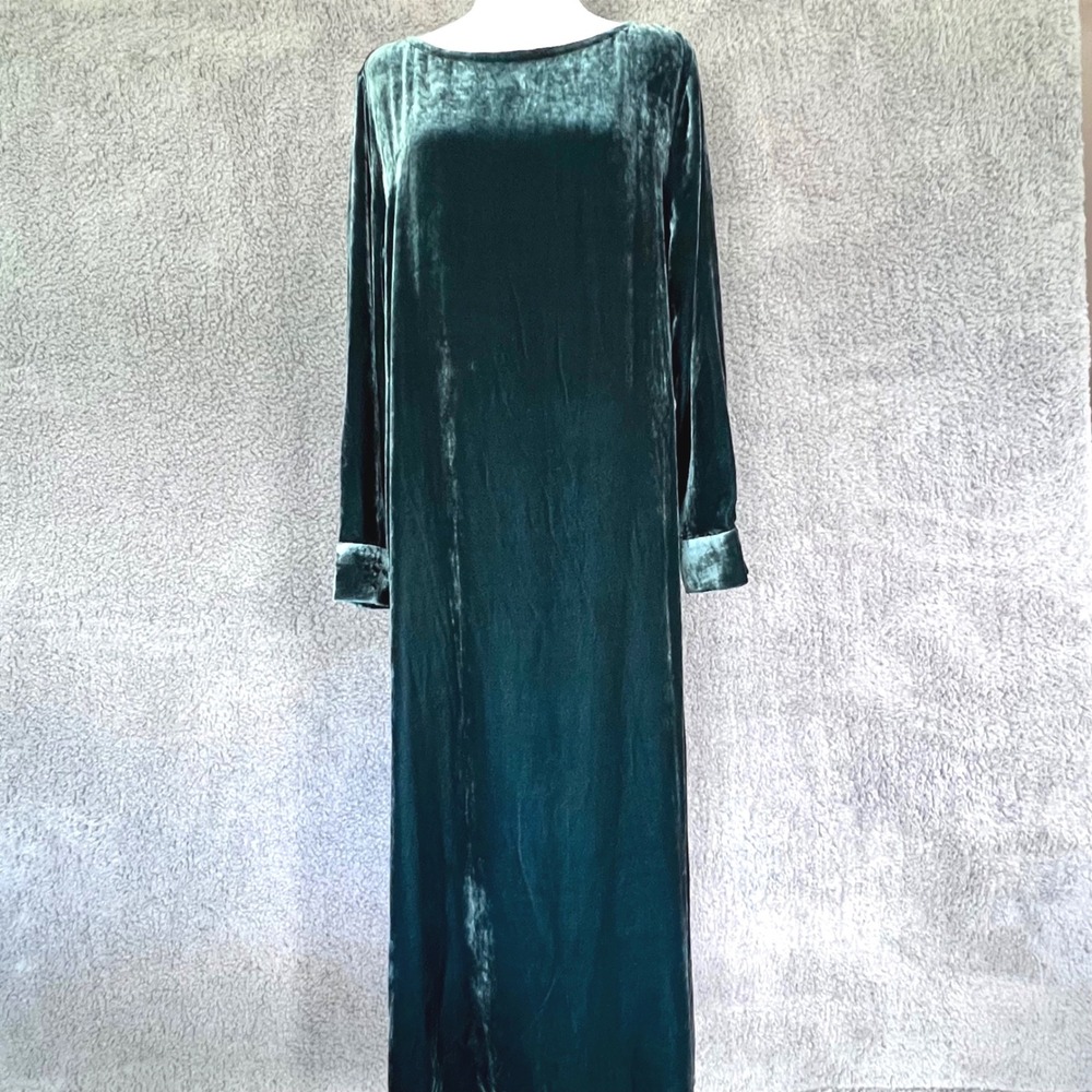 Eileen Fisher Velvet Dress Teal Silk Blend Bateau Neck Long Sleeve Midi Size S